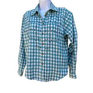 Koret Francisca 90s Green Plaid Embroidered Flowers  Sleeves Petite cottagecore